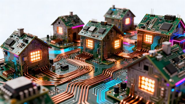 Circuit board houses with glowing lights