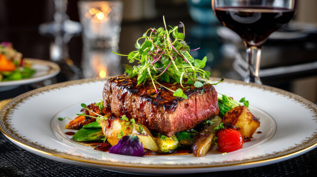Gourmet steak with microgreens and roasted vegetables served on white, gold trimmed dinner plate in restaurant with a glass of wine in the background