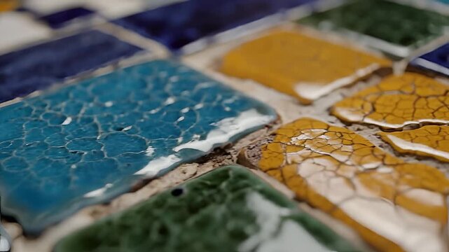 Close Up Macro Shot of Colorful Mosaic Tiles with Textured Surfaces.