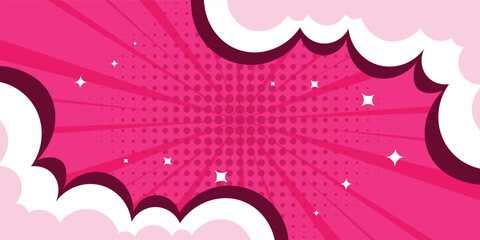 A vibrant pink comic explosion occurs with white clouds and stars. © sofyanmardianto