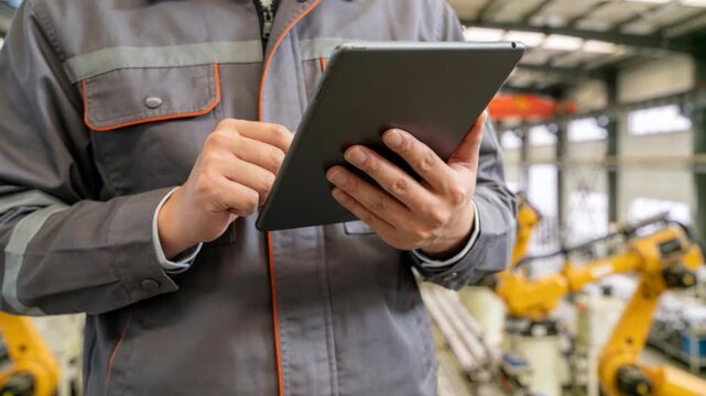 An engineer using a digital tablet for inspecting industrial robotics in a modern factory setting.