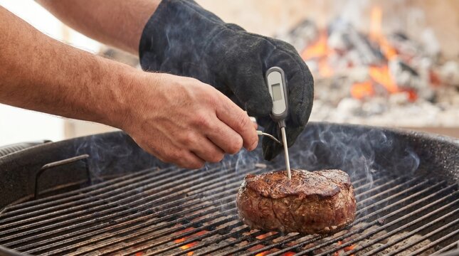 Person wearing black heat resistant gloves using a digital meat thermometer on a grilled steak