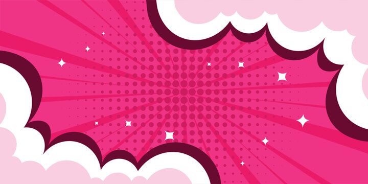 A vibrant pink comic explosion occurs with white clouds and stars.