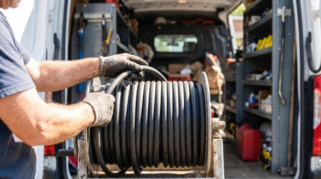Technician pulling a thick black electrical cable from a large metal spool mounted on a work van