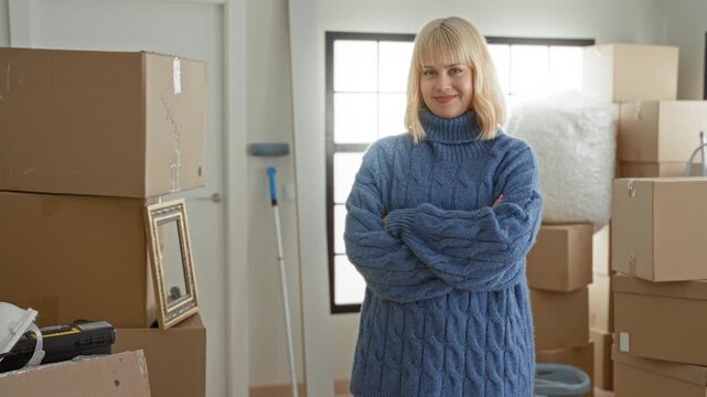 Woman standing amid stacked cardboard boxes with arms crossed and smiling in building; optimism fresh start.