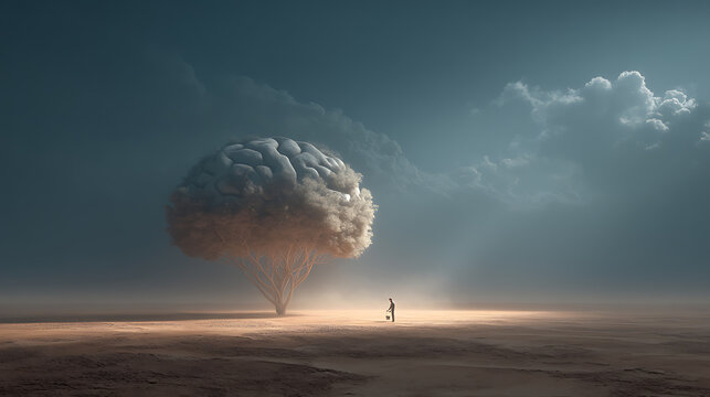 Surreal brain shaped tree in dramatic landscape symbolizing mental health, psychology, emotional healing, mindfulness, loneliness, inner growth and human consciousness concept