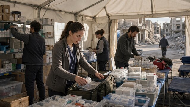 Medical team organizes supplies in a tent at a disaster relief site during a crisis situation