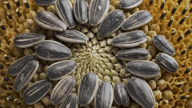 Closeup Macro View of Sunflower Seeds in a Natural Pattern.