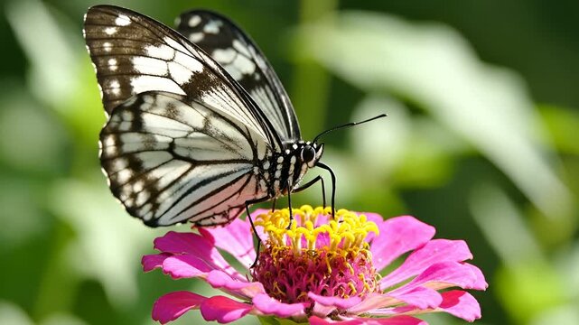 Closeup of a beautiful butterfly resting on a vibrant pink zinnia flower.