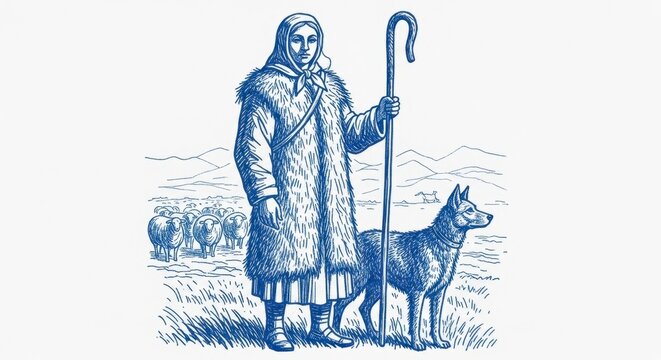 Blue vintage engraving of female shepherd in warm coat holding crook with dog and sheep flock against mountain landscape background, concept of historical rural life