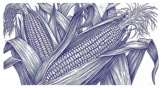 Vintage engraved illustration of corn cobs and leaves, detailed botanical farm drawing in blue ink style for agriculture and harvest design.