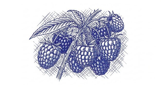 Blue vintage engraving of fresh raspberry branch with ripe berries and thorny stem against white background with crosshatch shading, concept of summer harvest