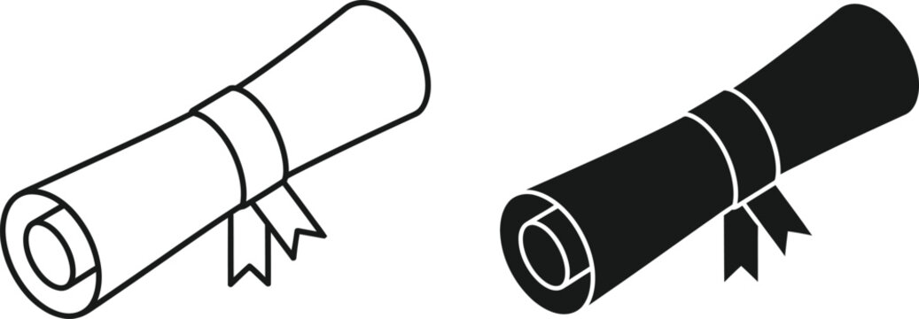Diploma scroll icon set outline and solid black versions for education