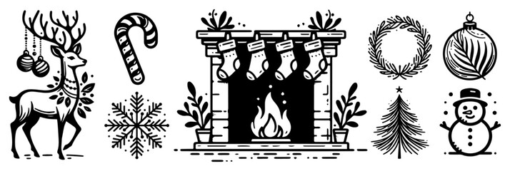 Christmas and winter holiday icons set with fireplace reindeer and snowman, festive monochrome vector elements © Luka