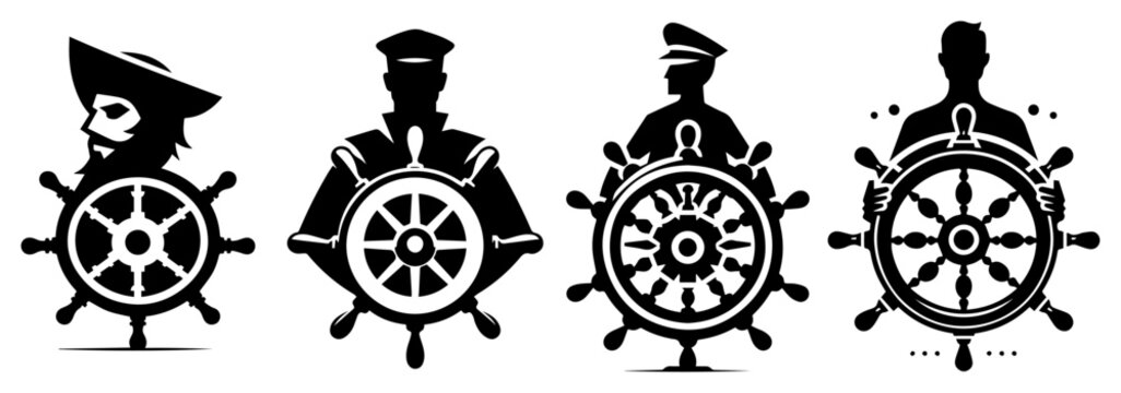 Set of captain and pirate silhouettes at ship steering wheel, maritime navigation and leadership icons, vector illustration