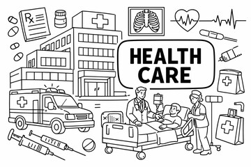 Naklejka premium Diverse medical elements illustrate comprehensive healthcare services and hospital operations