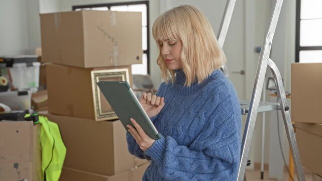 Blonde woman in blue sweater tapping a tablet while surrounded by stacked moving boxes and a stepladder inside a building; focused planning.