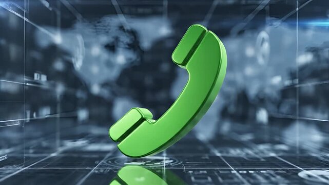 Green Phone Icon Floating in Futuristic Digital World with World Map Background.