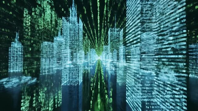 Futuristic Digital Cityscape with Binary Code Flowing Through Buildings.