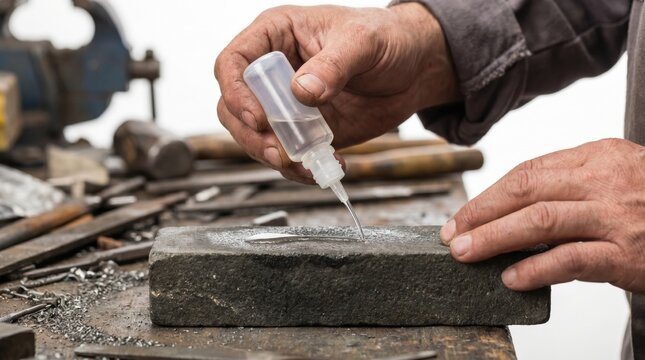 Hands applying clear glue or epoxy from a small bottle onto a stone or metal object