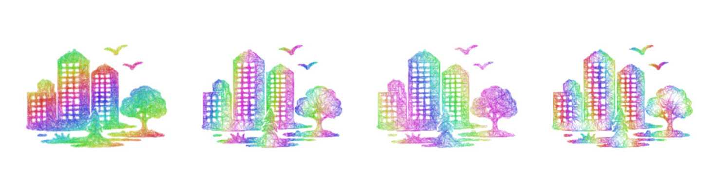 Rainbow color sketch urban habitat icon design set