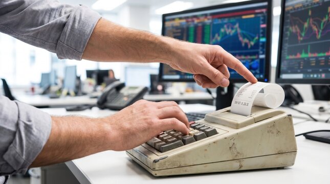 Financial trader typing on a vintage adding machine with a paper tape in an office with monitors