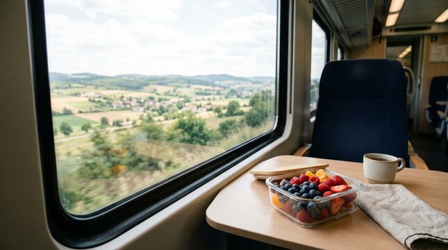 Relaxing train journey with breakfast and scenic landscape view  