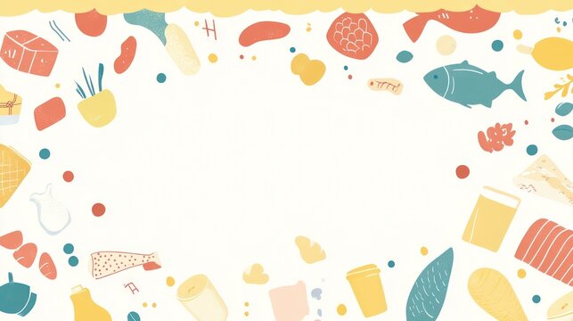 Colorful food illustration border, various types of food