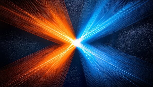 Two Thick Grainy Beams Of Complementary Orange And Blue Light Intersect To Form A Cross On A Dark Textured Background