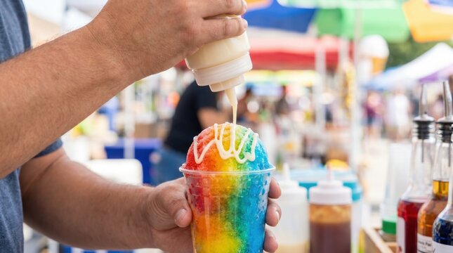 Vendor drizzling sweet condensed milk from a squeeze bottle over a colorful rainbow snow cone