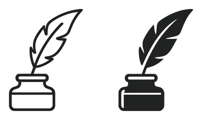 Set of two ink bottle icons with quill feather pens in outline and solid styles on transparent background © Yehor