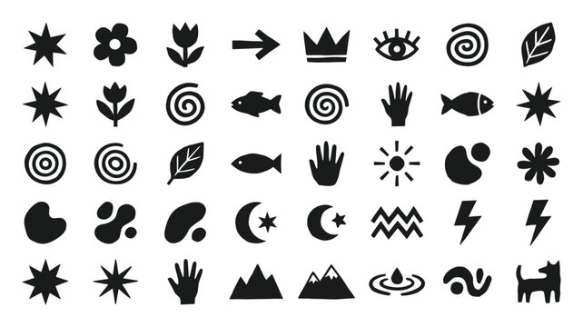 Set of hand drawn doodle icons including stars, flowers, arrows, crowns, eyes, spirals, leaves, fish, hands, sun, moon, mountains, lightning, drops, and animals on transparent background