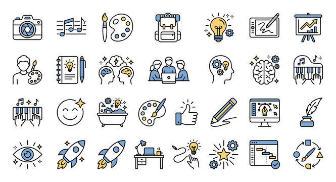 Creative and innovative concept icons including camera, music, paint palette, backpack, light bulb, digital drawing tablet, presentation, artist, brainstorming, teamwork, piano on transparent backgrou