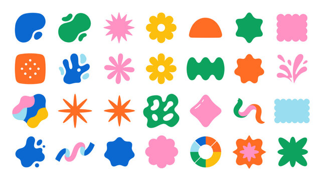 Colorful abstract shape collection with various organic and geometric forms in blue, green, pink, orange, and yellow tones on a white background on transparent background