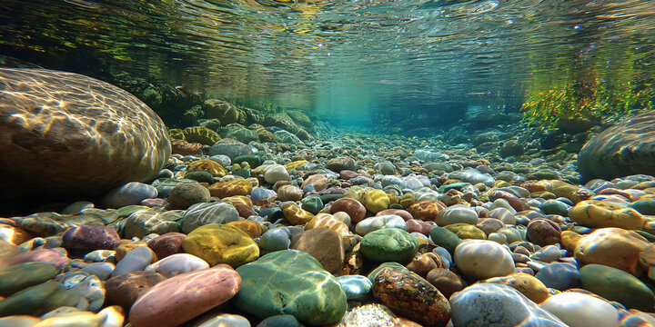 Clear River Bed with Colorful Pebbles and Sunlight