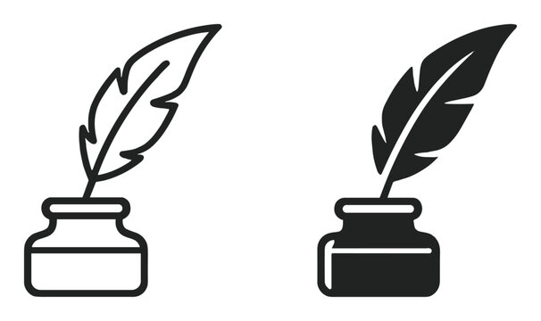 Set of two ink bottle icons with quill feather pens in outline and solid styles on transparent background