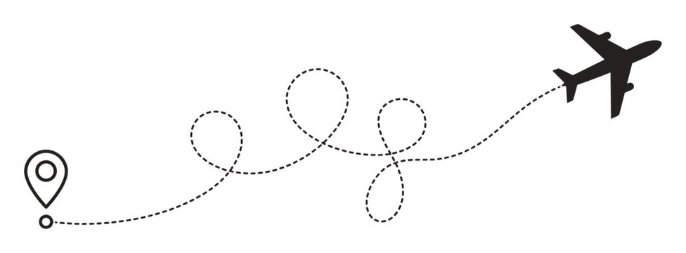 Black airplane silhouette with a looping dashed flight path line from a location pin on a white background on transparent background