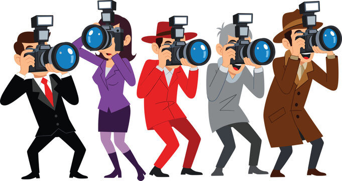 Paparazzi and Journalists Character Set with Flash Cameras Taking Photos for Media News and Celebrity Event Coverage Vector Illustration