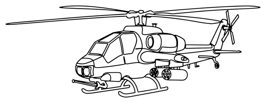 Military attack helicopter continuous one line drawing army air force gunship silhouette minimalist aviation transport vector illustration