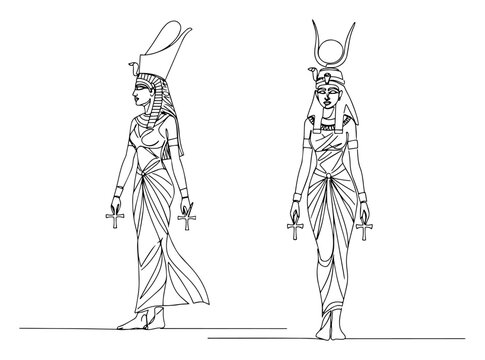 Ancient Egyptian goddess Isis and Hathor continuous one line drawing silhouette with ankh symbols and traditional crown minimalist mythology vector illustration