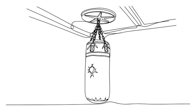 Hanging boxing punching bag in gym continuous one line drawing fitness training and combat sport equipment minimalist vector illustration