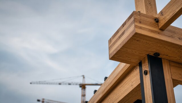 Heavy engineered mass timber beams in realistic architectural style with blurry construction crane background for sustainable mass timber construction marketing presentation template