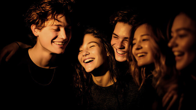 Group of five young friends laughing together in low light, close-up portrait with warm tones