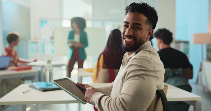 Student, man and face in classroom with tablet, smile and research project in exam hall at college. Portrait, happy and person with digital tech, confidence and assessment for education or university