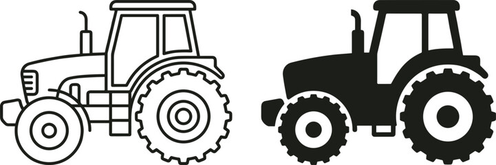 Farm Tractor Vector Icon Set Featuring Outline and Solid Black Silhouette Agricultural Machinery Symbols for Farming Industry and Rural Design LayoutsFarm Tractor Vector Icon Set Featuring Outline and © Sonjoy