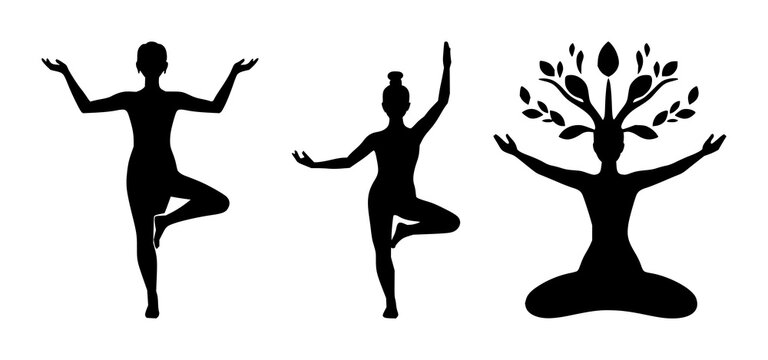 Yoga tree pose silhouette set with solid black icon on white background featuring body posture, exercise, meditation with wellness and fitness