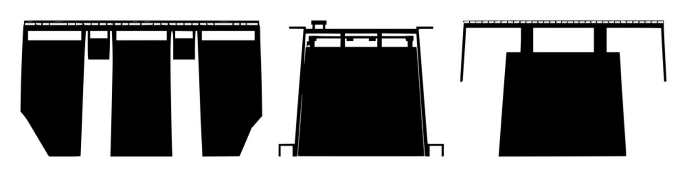 Hydroelectric dam icon set with solid black outline on white background featuring hydroelectric, dam, power with icons and graphics