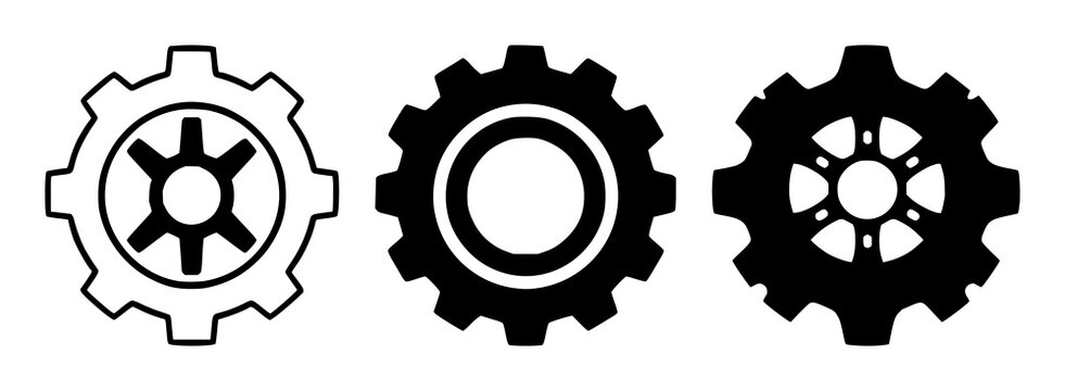 Settings gear wheel icon set with solid black illustration on white background featuring gear, settings, icon with vector and graphic
