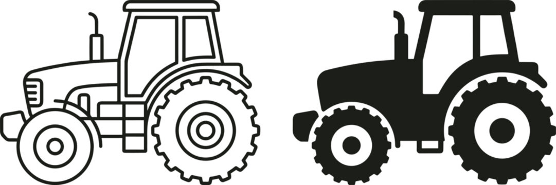 Farm Tractor Vector Icon Set Featuring Outline and Solid Black Silhouette Agricultural Machinery Symbols for Farming Industry and Rural Design LayoutsFarm Tractor Vector Icon Set Featuring Outline and