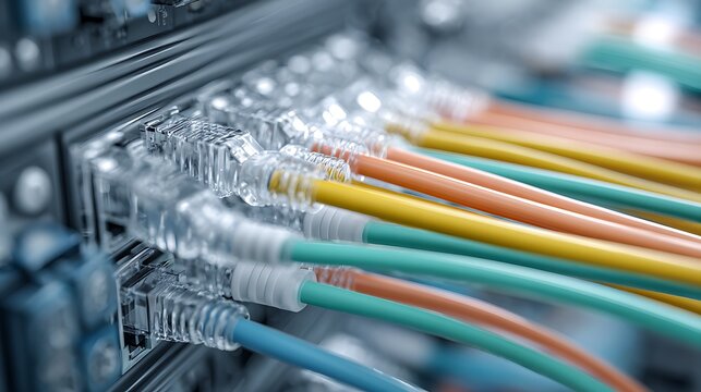 Network cables connected to a patch panel in a data center environment closeup